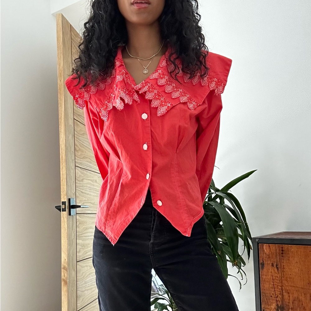 Vintage Red Long Sleeve Blouse with Embroidered Collar